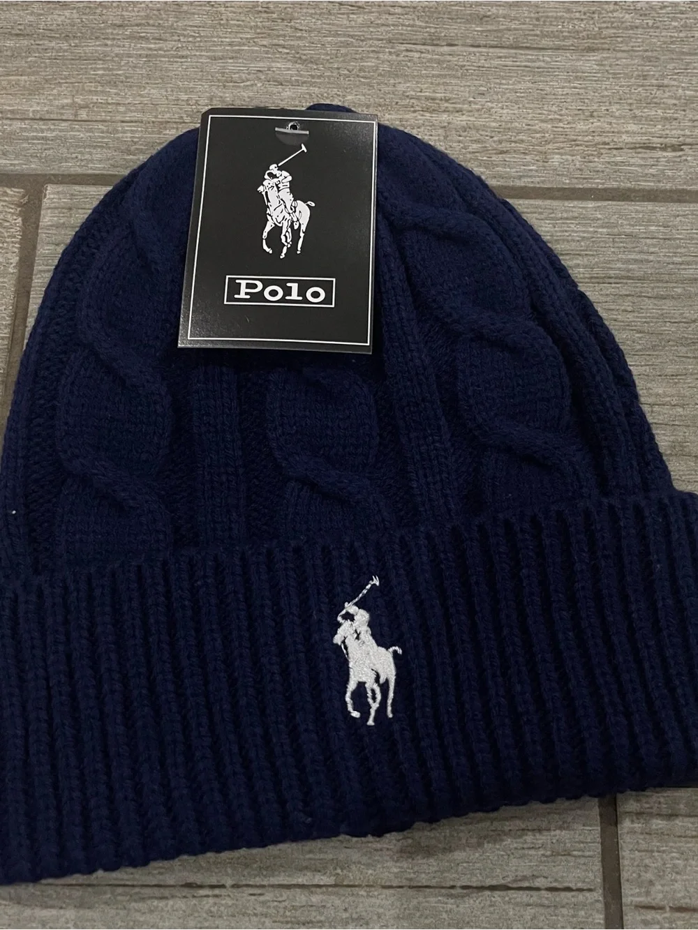 Polo by Ralph Lauren Navy Cable Knit Beanie with White Polo Logo